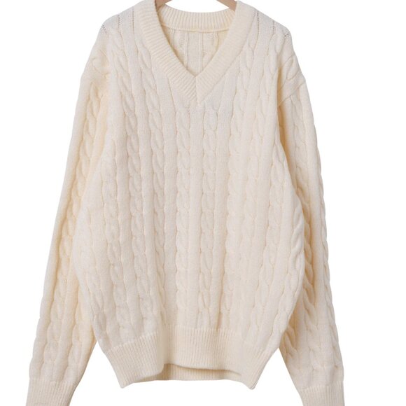 Storets Cable Knit V-Neck Sweater - Cream - Picture 1 of 5